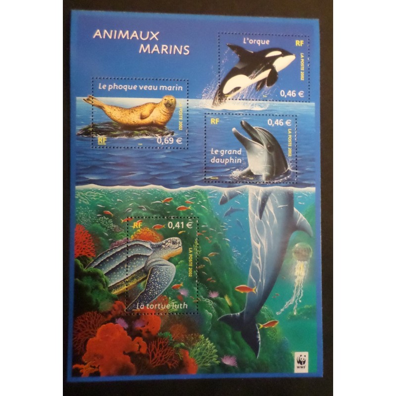 FRANCE 2002 BLOC timbres 48 ANIMAUX MARINS TORTUE DAUPHIN ORQUE PHOQUE neuf**MNH