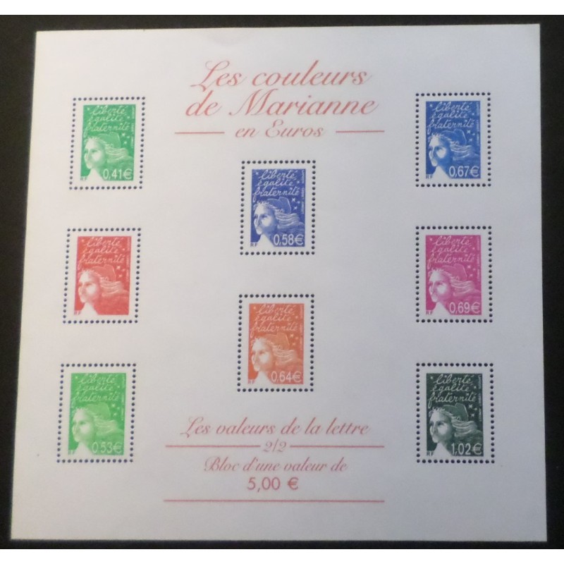 FRANCE 2002 BLOC timbres 45 LES COULEURS DE MARIANNE EN EUROS neuf**MNH