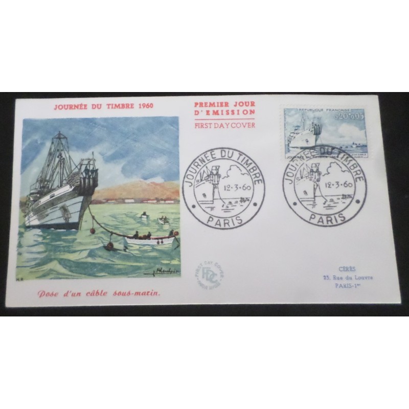 FRANCE 1960 FDC 1° JOUR JOURNEE DU TIMBRE 1245 BATEAU POSE CABLE SOUS MARIN