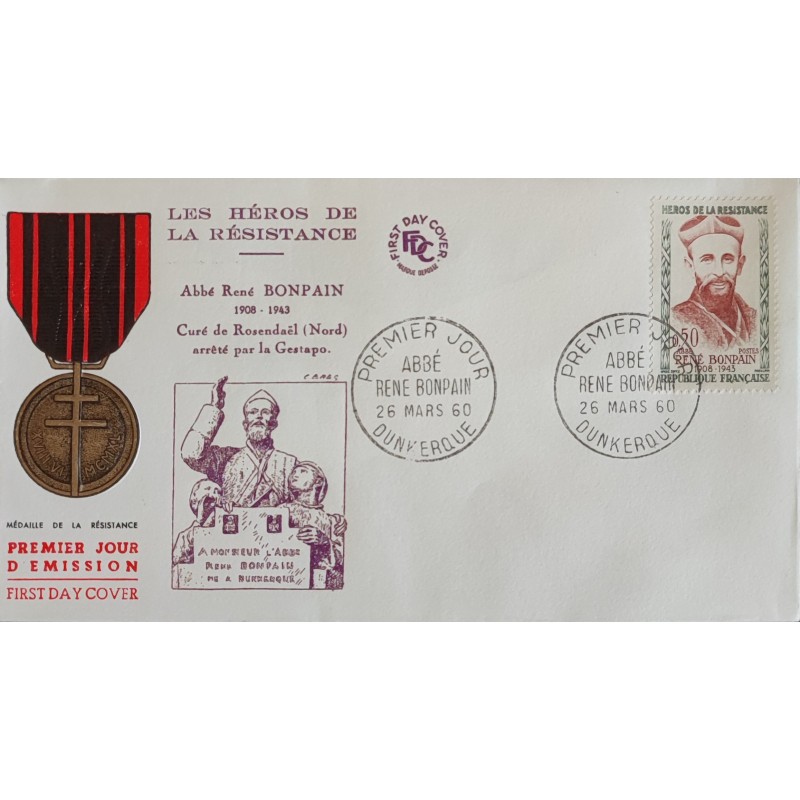 FRANCE 1960 FDC 1° JOUR TIMBRE 1252 PERSONNALITE ABBE R BONPAIN HEROS RESISTANCE