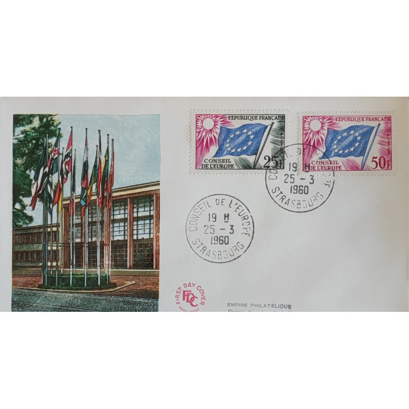 FRANCE 1960 FDC 1° JOUR TIMBRE DE SERVICE 19 ET 21 CONSEIL EUROPE DRAPEAUX FLAGS
