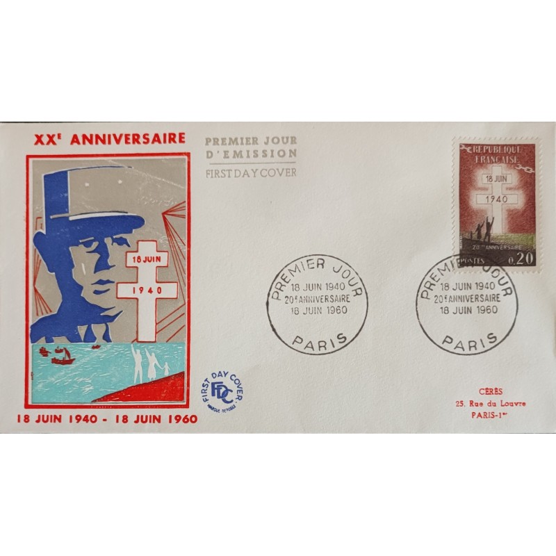 FRANCE 1960 FDC 1° JOUR TIMBRE 1264 20e ANNIV APPEL GENERAL DE GAULLE