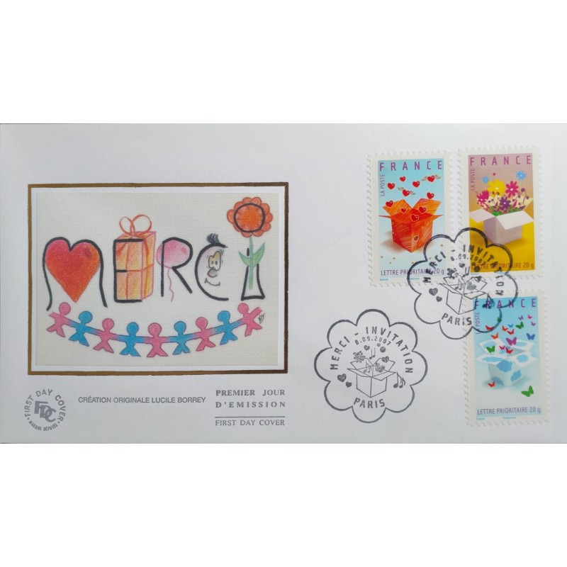 FRANCE 2007 FDC 1° JOUR 3 TIMBRES 129/130/131 AUTOADHESIF INVITATIONS MERCI