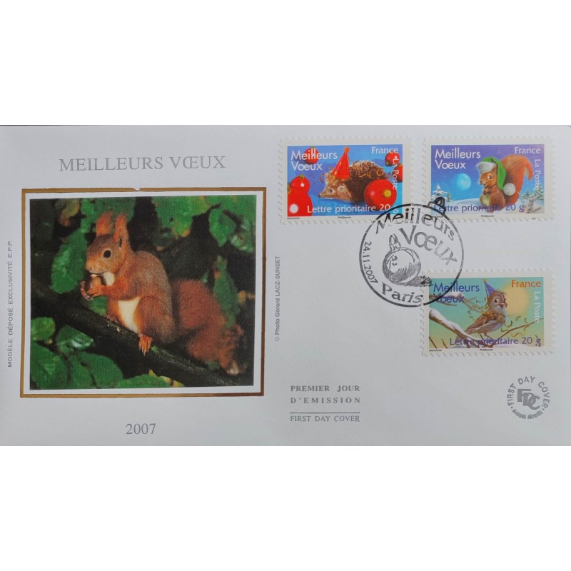 FRANCE 2007 FDC 1° JOUR 3 TIMBRES 140/141/143 AUTOADHESIFS VOEUX ECUREUIL NOEL