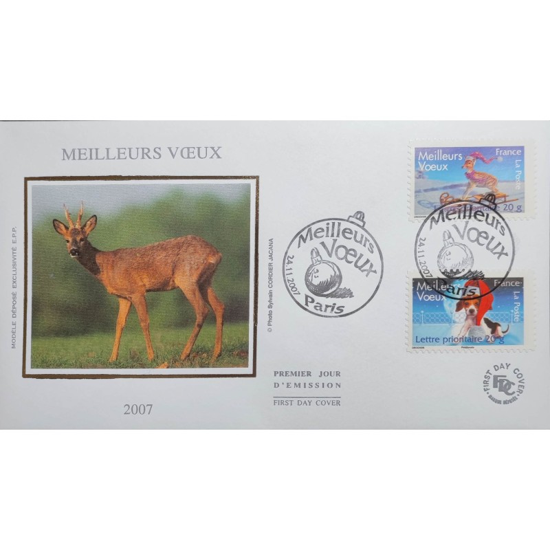 FRANCE 2007 FDC 1° JOUR 2 TIMBRES 142/144 AUTOADHESIF VOEUX NOEL FAON CERF CHIEN