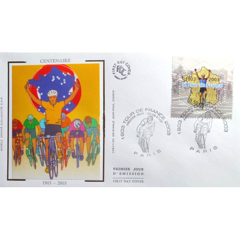 FRANCE 2003 FDC 1° JOUR TIMBRE 3583 CYCLISME TOUR DE FRANCE COUREUR A L'ARRIVÉ