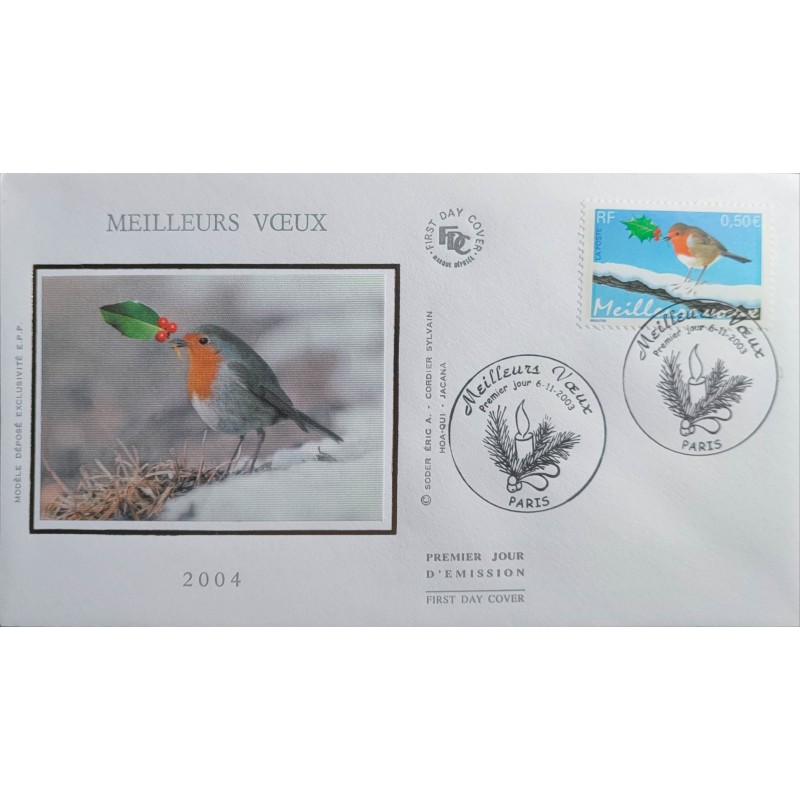 FRANCE 2003 FDC 1° JOUR TIMBRE 3621 MEILLEURS VOEUX OISEAU ROUGE GORGE NOEL
