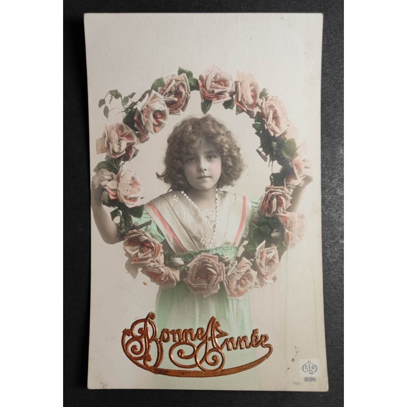 CARTE POSTALE CPA FRANCE BONNE ANNEE FILLETTE BOUQUET FLEURS OLD CARD 0001