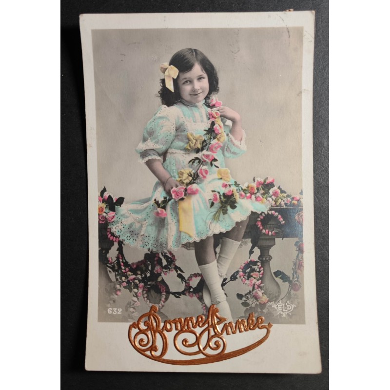 copy of CARTE POSTALE CPA FRANCE BONNE ANNEE FILLETTE BOUQUET FLEURS OLD CARD 0001
