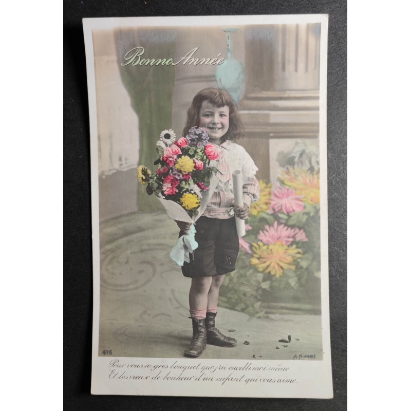 copy of CARTE POSTALE CPA FRANCE BONNE ANNEE FILLETTE BOUQUET FLEURS OLD CARD 0001