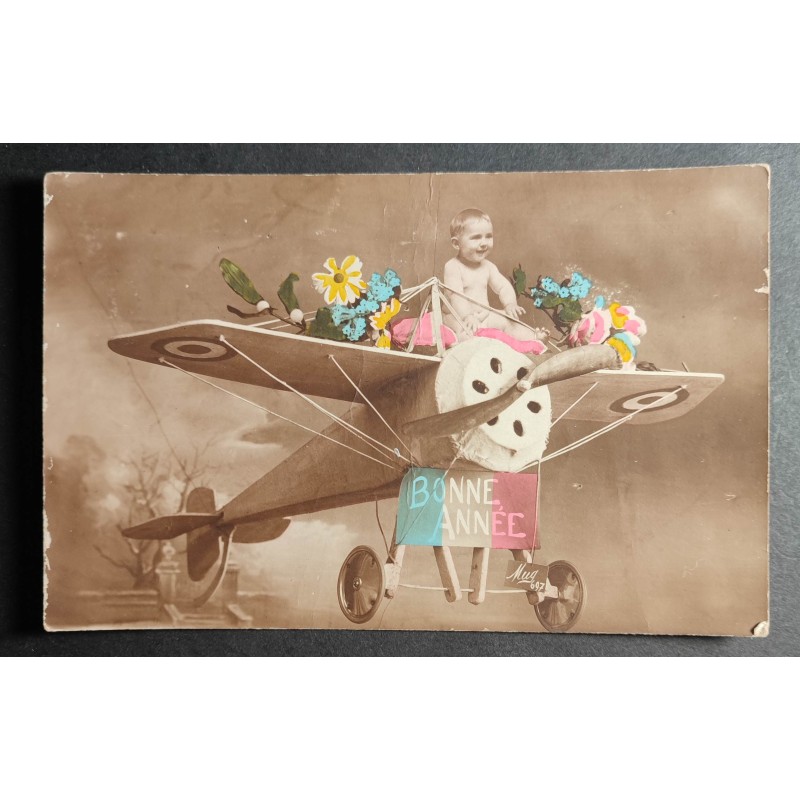 CARTE POSTALE CPA FRANCE BONNE ANNEE BEBE AVION FLEURS OLD CARD 0013