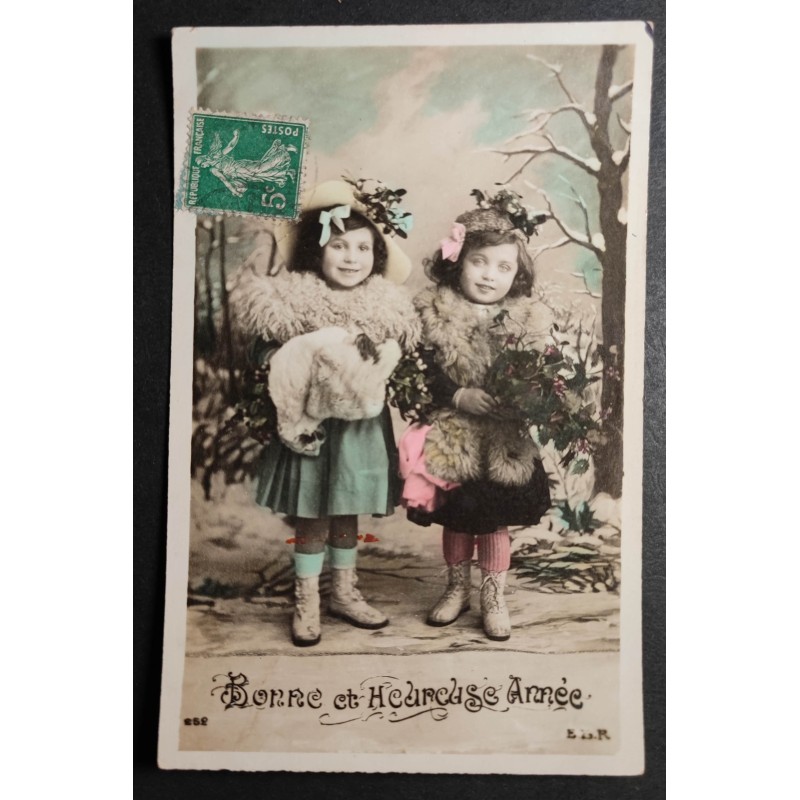 CARTE POSTALE CPA FRANCE BONNE ANNEE FILLETTES NEIGE OLD CARD 0016
