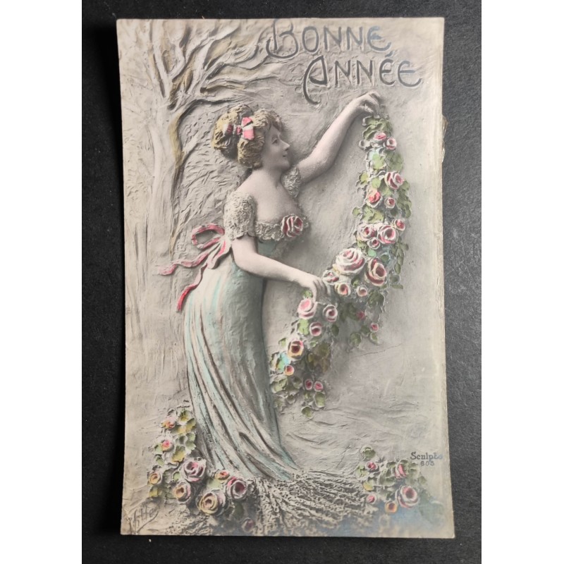 CARTE POSTALE CPA FRANCE BONNE ANNEE FEMME FLEURS OLD CARD 0028