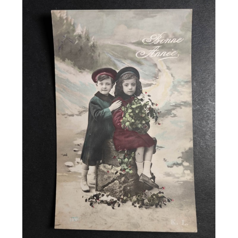 CARTE POSTALE CPA FRANCE BONNE ANNEE ENFANTS FLEURS OLD CARD 0030