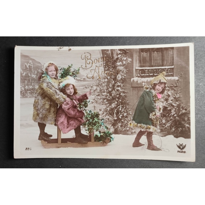 CARTE POSTALE CPA FRANCE BONNE ANNEE FILLETTES NEIGE SAPINS OLD CARD 0031