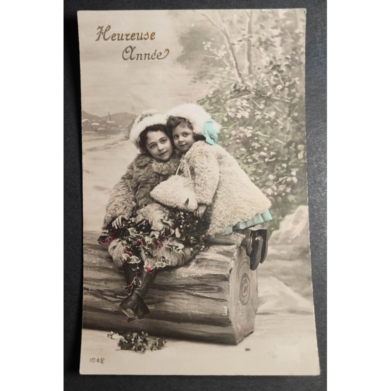 CARTE POSTALE CPA FRANCE BONNE ANNEE FILLETTES NEIGE OLD CARD 0032