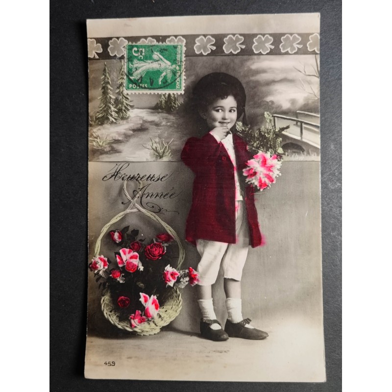 copy of CARTE POSTALE CPA FRANCE BONNE ANNEE FILLETTE BOUQUET FLEURS OLD CARD 0001