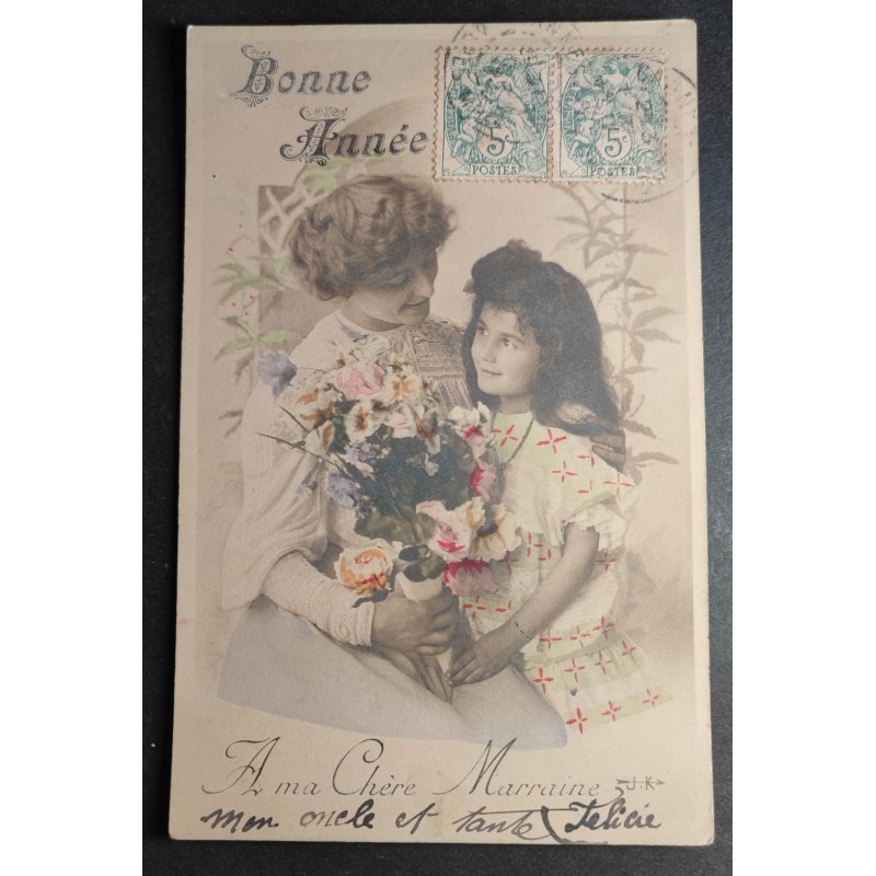 copy of CARTE POSTALE CPA FRANCE BONNE ANNEE FILLETTE BOUQUET FLEURS OLD CARD 0001