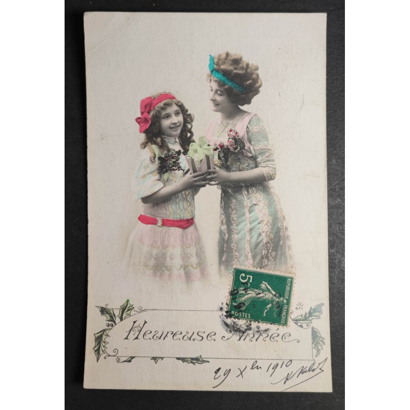 copy of CARTE POSTALE CPA FRANCE BONNE ANNEE FILLETTE BOUQUET FLEURS OLD CARD 0001