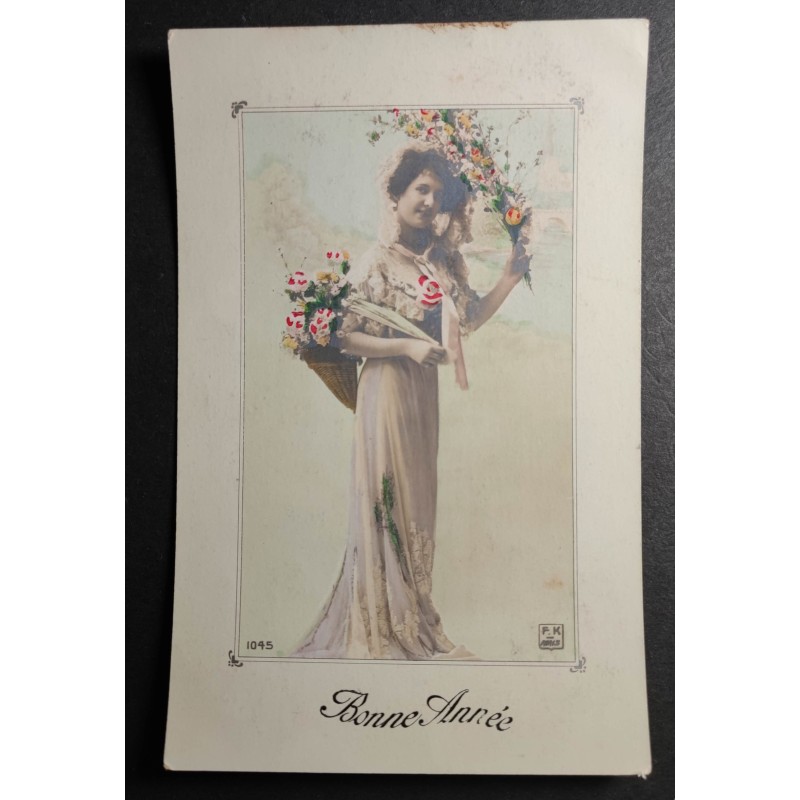 CARTE POSTALE CPA FRANCE BONNE ANNEE FEMME FLEURS OLD CARD 0048