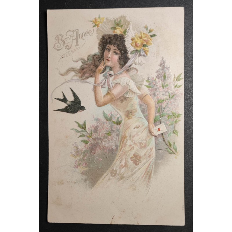 CARTE POSTALE GAUFFRE CPA FRANCE BONNE ANNEE FEMME FLEURS OISEAU OLD CARD 0049