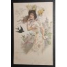 CARTE POSTALE GAUFFRE CPA FRANCE BONNE ANNEE FEMME FLEURS OISEAU OLD CARD 0049