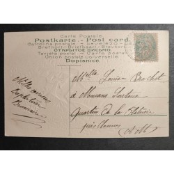 CARTE POSTALE GAUFFRE CPA FRANCE BONNE ANNEE FEMME FLEURS OISEAU OLD CARD 0049