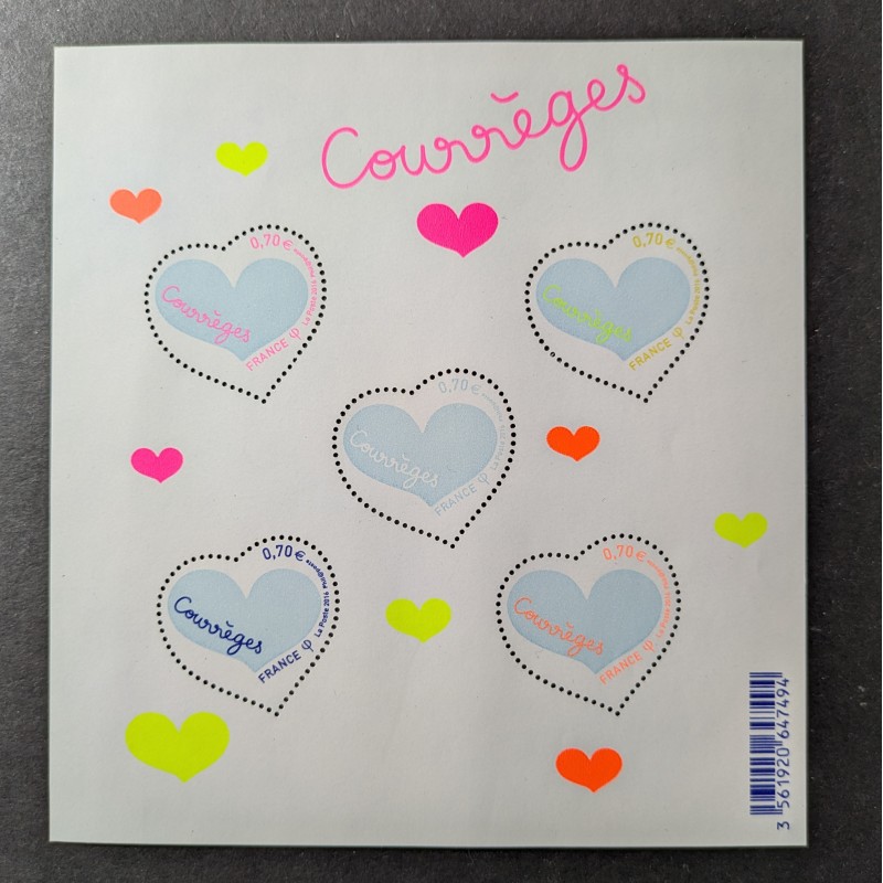 FRANCE 2016 BLOC FEUILLET F5026 TIMBRES COEURS COURREGES SAINT VALENTIN neuf**