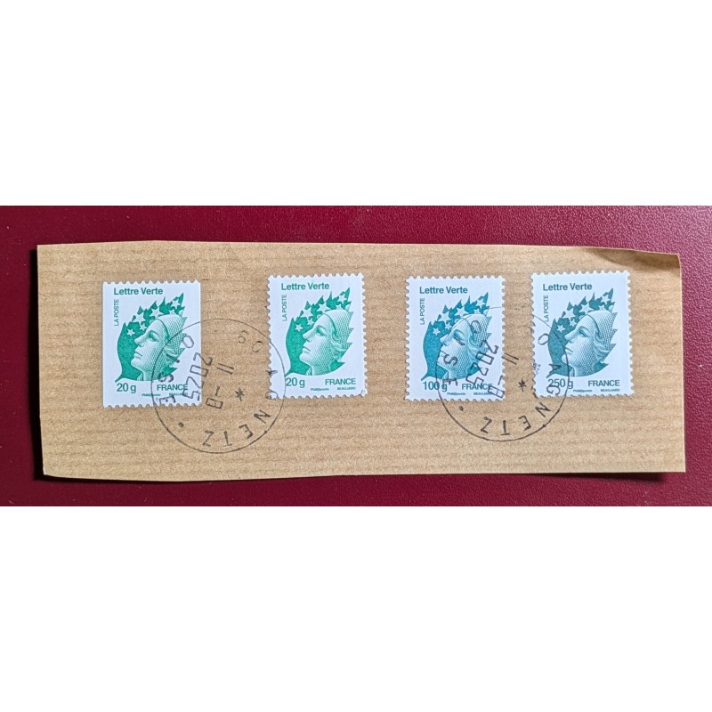 copy of FRANCE LOT 4 TIMBRES TYPE MARIANNE BEAUJARD /LAMOUCHE OBLITERES SUR FRAGMENT