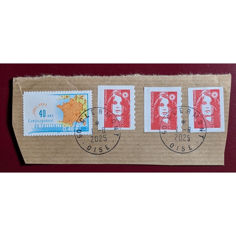 copy of FRANCE LOT 4 TIMBRES TYPE MARIANNE BEAUJARD /LAMOUCHE OBLITERES SUR FRAGMENT