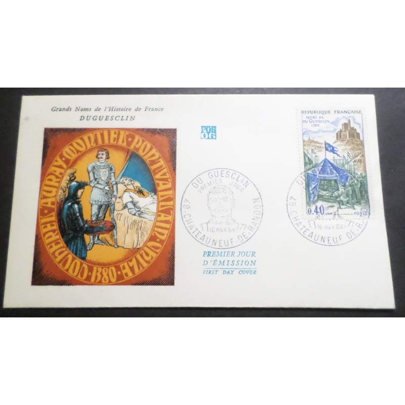 FRANCE 1968 FDC 1° JOUR CELEBRITE' DUGUESCLIN HISTOIRE
