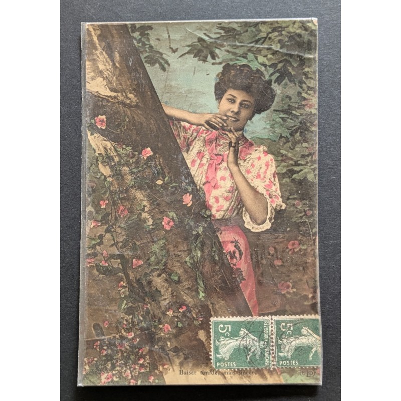 CARTE POSTALE CPA PLASTIFIÉE VOYAGÉE FRANCE FEMME FLEURS OLD CARD 0067