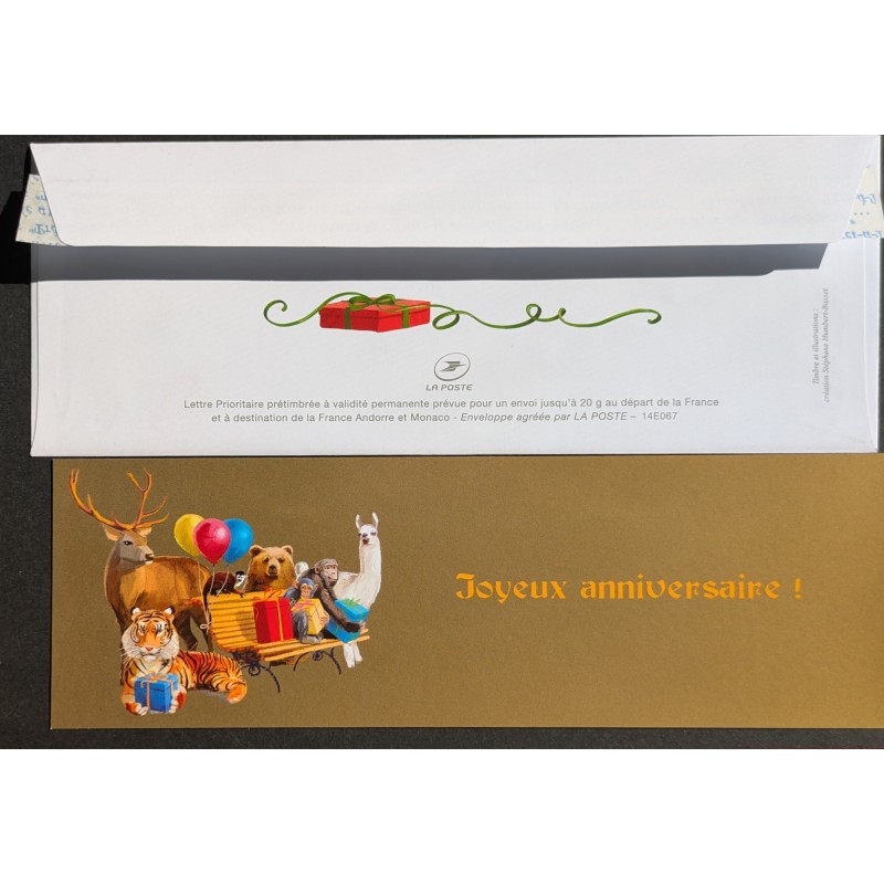 ENVELOPPE NEUVE PRÉ AFFRANCHIE AVEC SA CARTE JOYEUX ANNIVERSAIRE TIMBRE ANIMAUX
