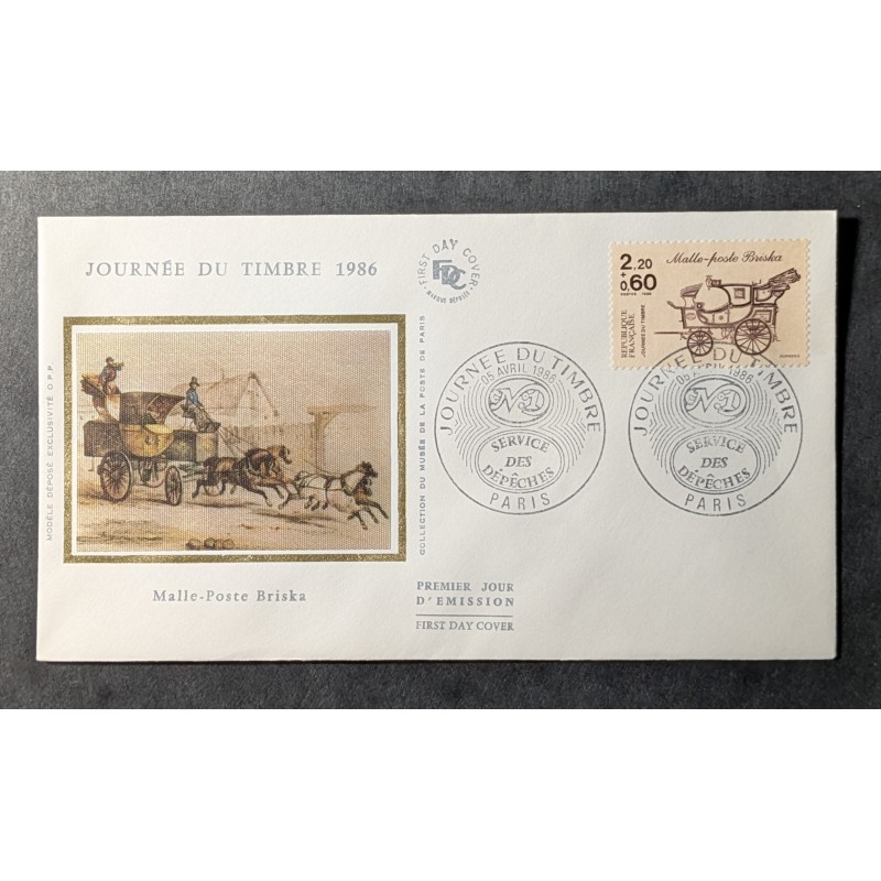 FRANCE 1986 FDC 1 JOUR JOURNEE DU TIMBRE 2410 MALLE POSTE BRISKA ISSU DE FEUILLE