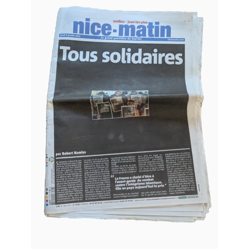 JOURNAL HISTORIQUE NICE MATIN 8 JANVIER 2015 TOUS SOLIDAIRES CHARLIE HEBDO