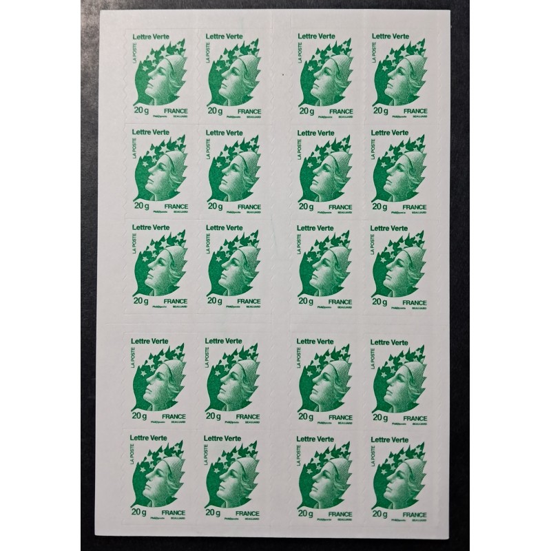FRANCE CARNET 20 TIMBRES VERTS AUTOADHESIFS 604-C3 MARIANNE BEAUJARD NEUF** MNH