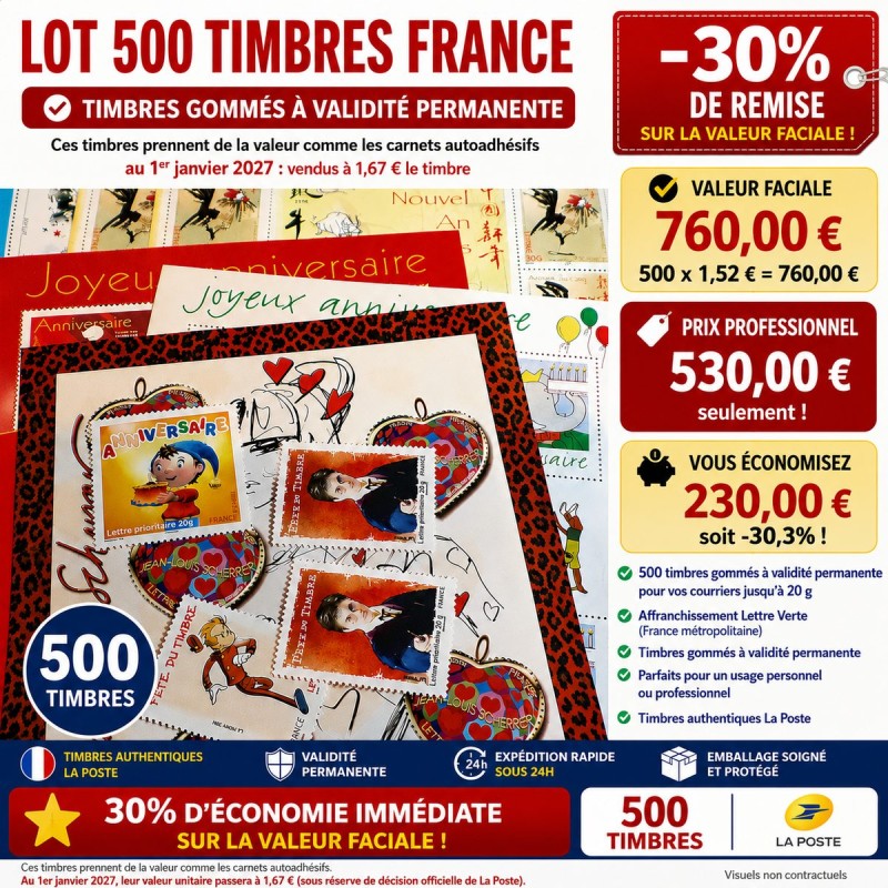 Lot 500 Timbres France Gommés à Validité Permanente – Valeur 760 €